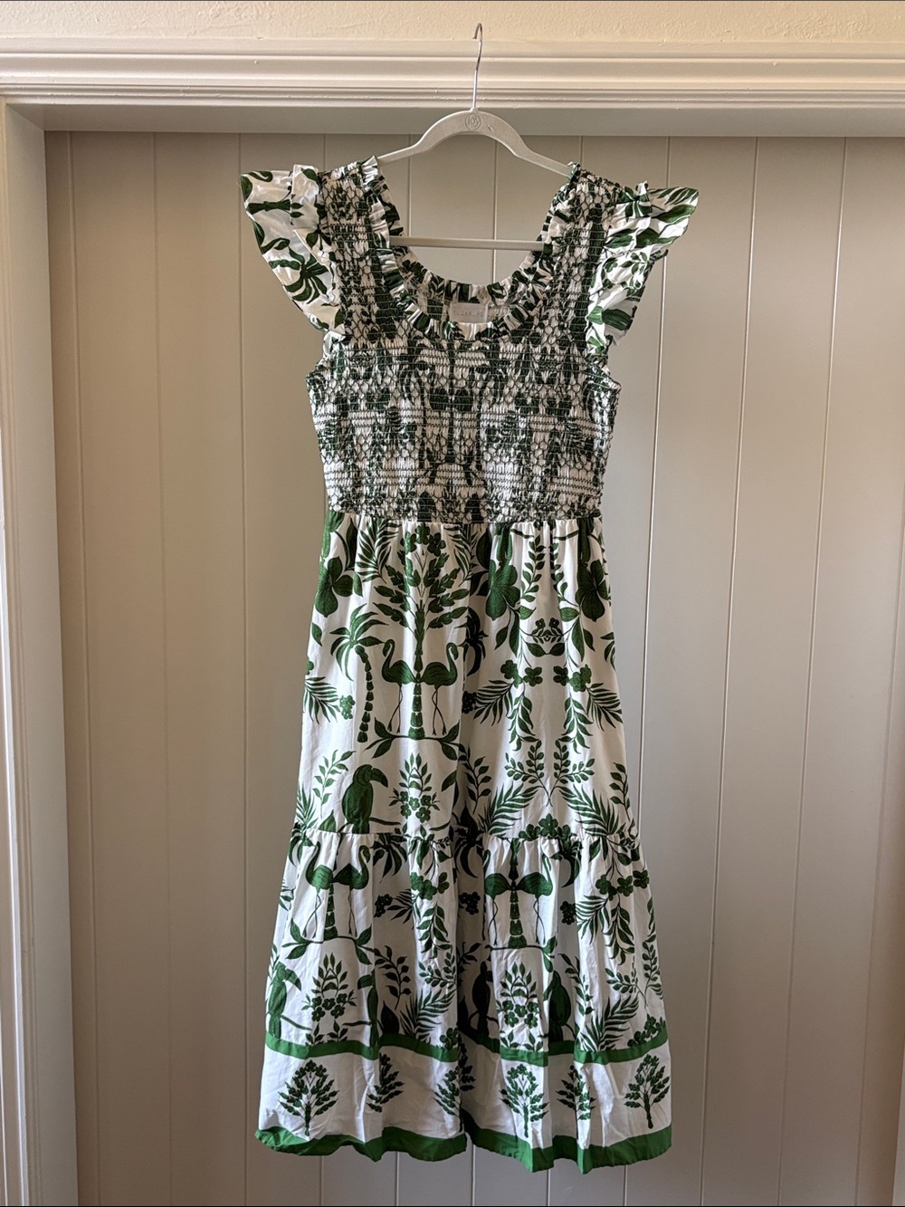 Sugarlips White and Green Floral Smocked Midi Dress